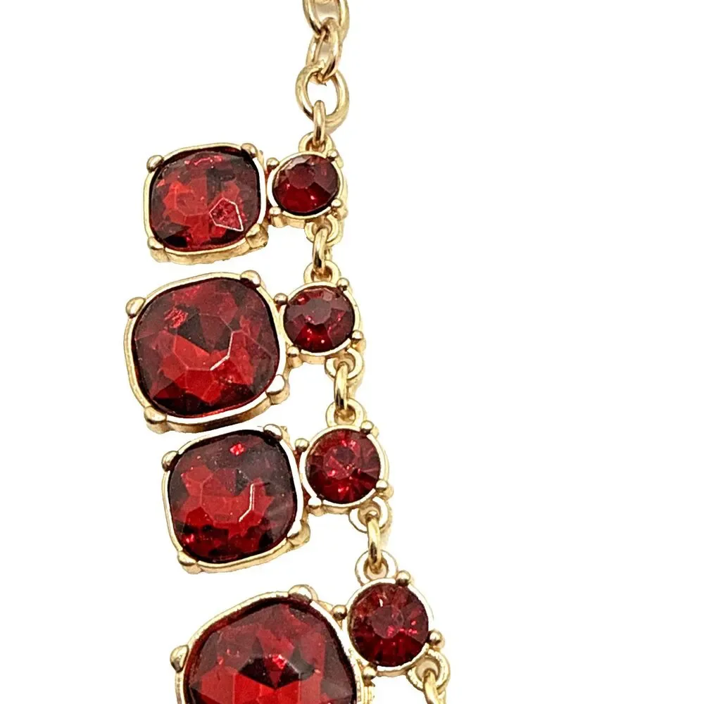 Vintage Red Crystal Rhinestone Statement Collar Necklace Gold Tone Statement 22”